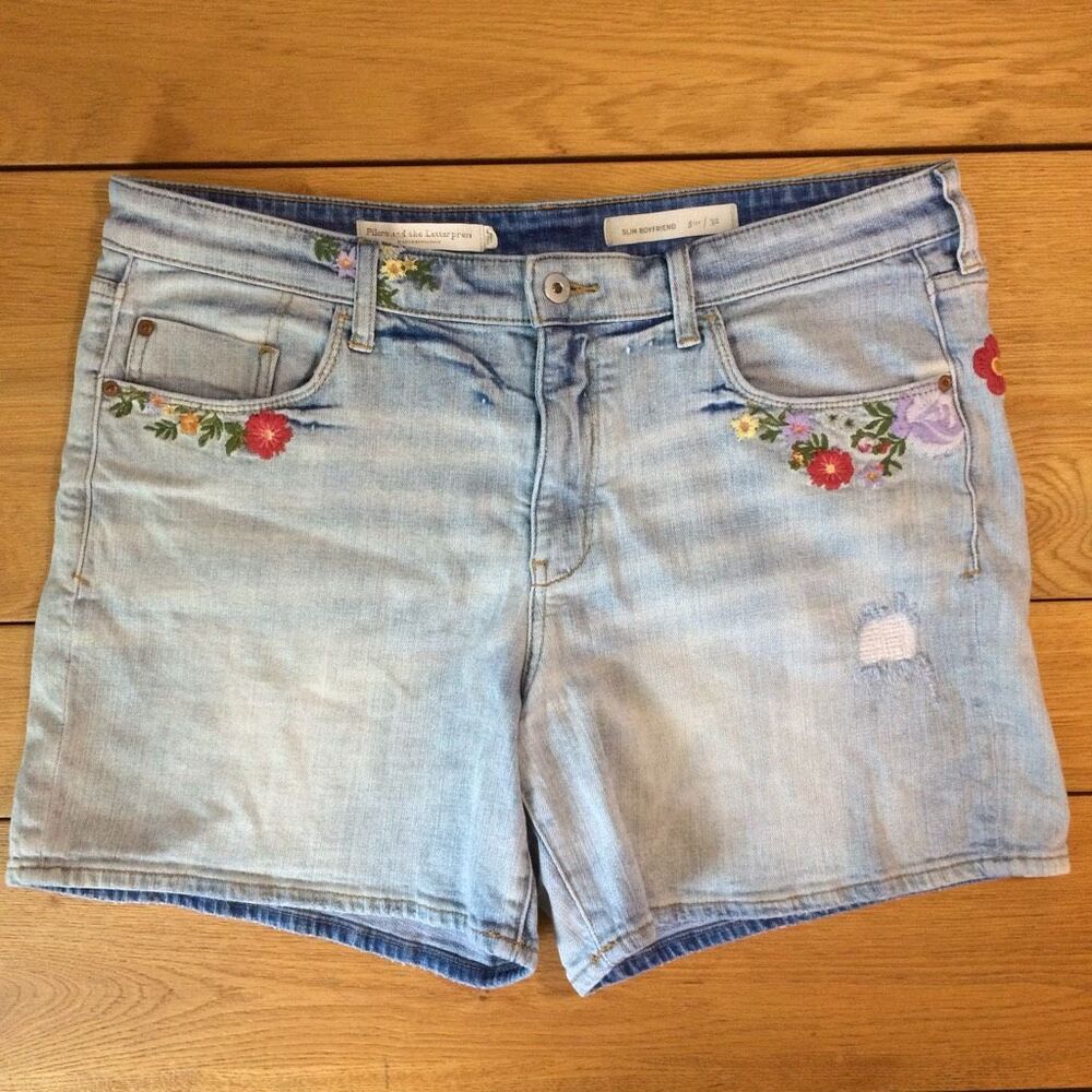Light Blue Denim Women's Shorts with Floral Embroidery